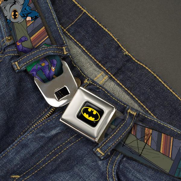 Buckle Down Batman Full Color Black Yellow Seatbelt Belt - Batman Battling Villains In Tunnel Webbing