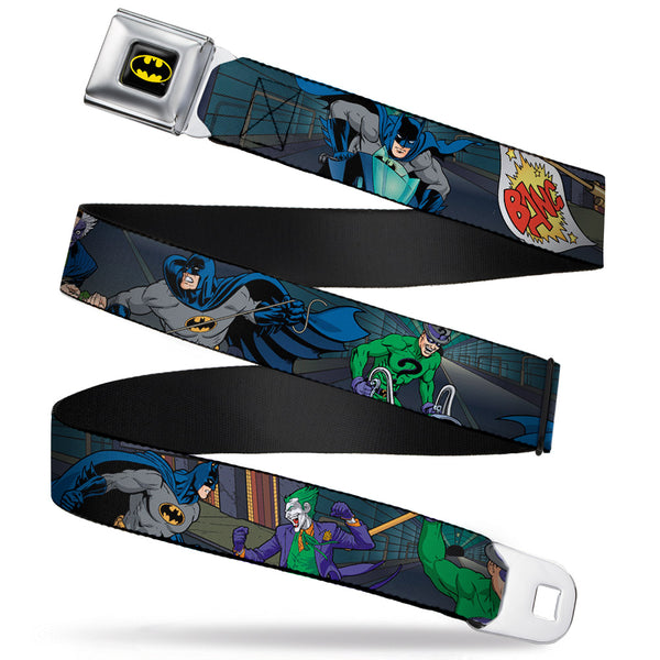 buckle down Batman Full Color Black Yellow Seatbelt Belt - Batman Battling Villains in Tunnel Webbing