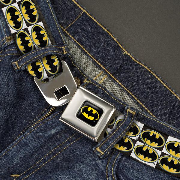Buckle Down Batman Full Color Black Yellow Seatbelt Belt - Batman Shield Checkers Webbing