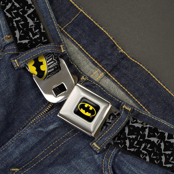 Buckle Down Batman Full Color Black Yellow Seatbelt Belt - BATMAN W/Bat Shield & Flying Bats Black/Gray Webbing