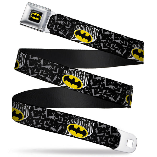 buckle down Batman Full Color Black Yellow Seatbelt Belt - BATMAN w/Bat Shield & Flying Bats Black/Gray Webbing