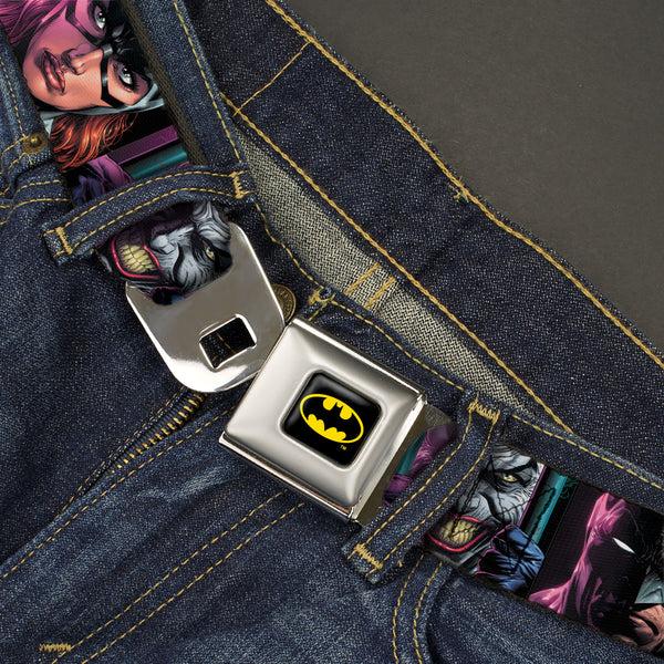 Buckle Down Batman Full Color Black/Yellow Seatbelt Belt - Batman Batgirl And Joker Comic Book Cover Face Close-Ups Black Webbing