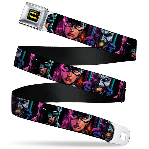 buckle down Batman Full Color Black/Yellow Seatbelt Belt - Batman Batgirl and Joker Comic Book Cover Face Close-Ups Black Webbing