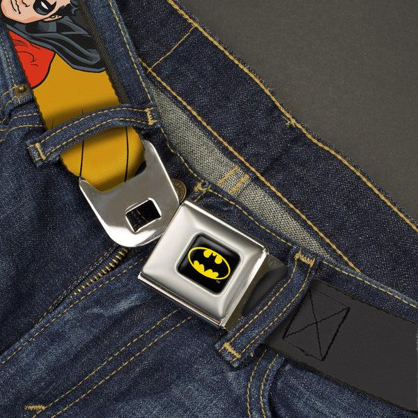 Buckle Down Batman Full Color Black Yellow Seatbelt Belt - ROBIN Red/Black Poses Gray Webbing