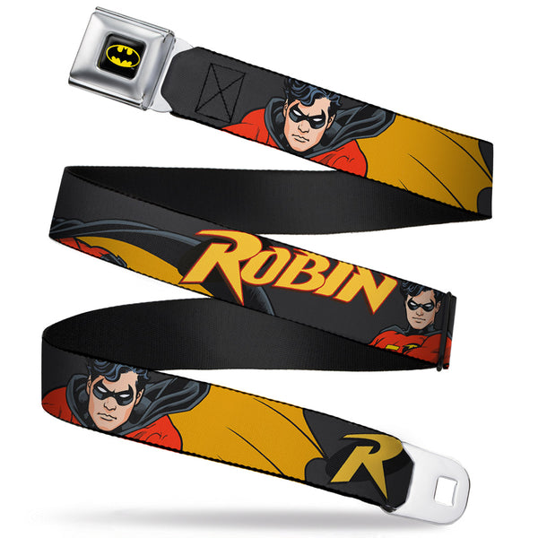 buckle down Batman Full Color Black Yellow Seatbelt Belt - ROBIN Red/Black Poses Gray Webbing
