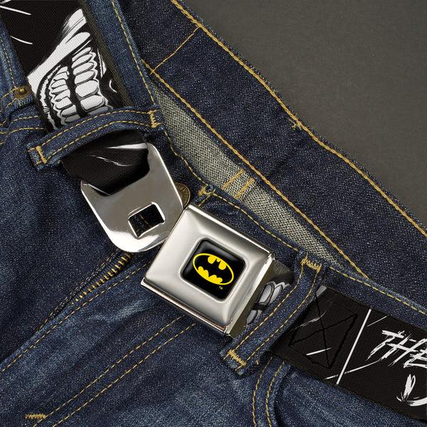 Buckle Down Batman Full Color Black/Yellow Seatbelt Belt - THE JOKER Smiling Eyes Sketch Close-Up Black/White Webbing
