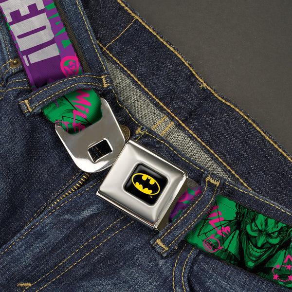 Buckle Down Batman Full Color Black/Yellow Seatbelt Belt - THE JOKER WANTED Smiling Pose And Graffiti Purples/Greens Webbing