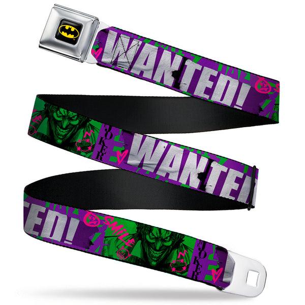 buckle down Batman Full Color Black/Yellow Seatbelt Belt - THE JOKER WANTED Smiling Pose and Graffiti Purples/Greens Webbing