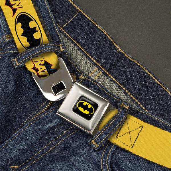 Buckle Down Batman Full Color Black Yellow Seatbelt Belt - Vintage Batman Logo & Bat Signal-3 Yellow Webbing