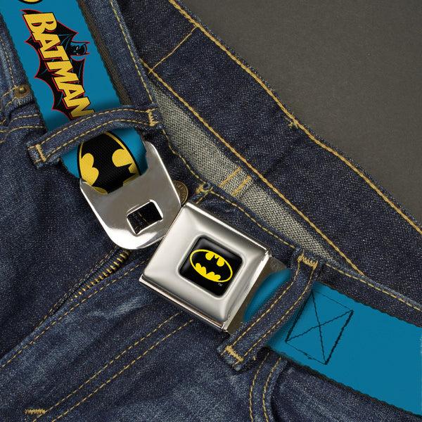 Buckle Down Batman Full Color Black Yellow Seatbelt Belt - Vintage Batman Logo & Bat Signal Blue Webbing