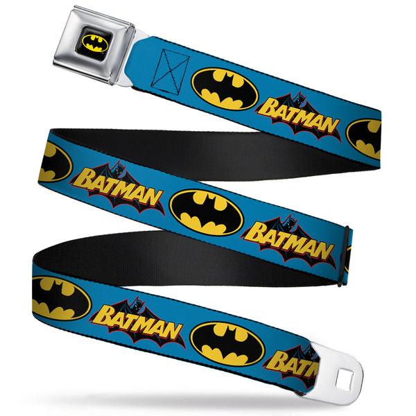 buckle down Batman Full Color Black Yellow Seatbelt Belt - Vintage Batman Logo & Bat Signal Blue Webbing
