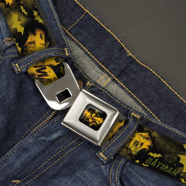Buckle Down BATMAN-JL Bats Scattered Full Color Black Yellows Seatbelt Belt - JUSTICE LEAGUE-BATMAN Bats Scattered Black/Yellows Webbing