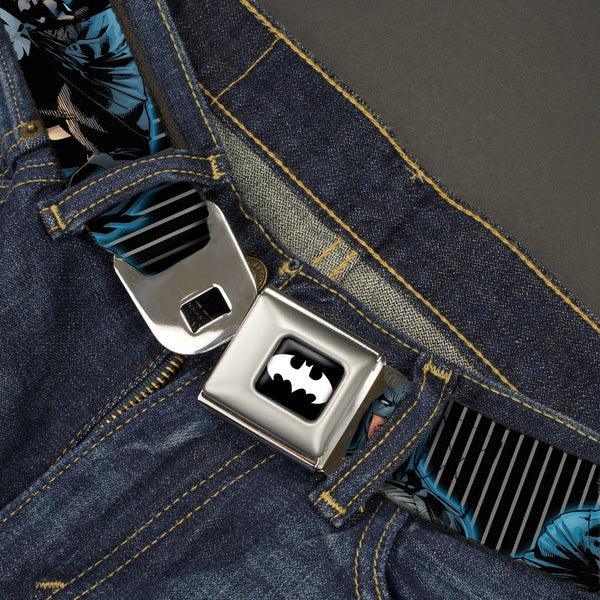 Buckle Down Batman Signal Full Color Black/White Seatbelt Belt - Batman Standing/Crouching Poses Stripe Black/Gray Webbing