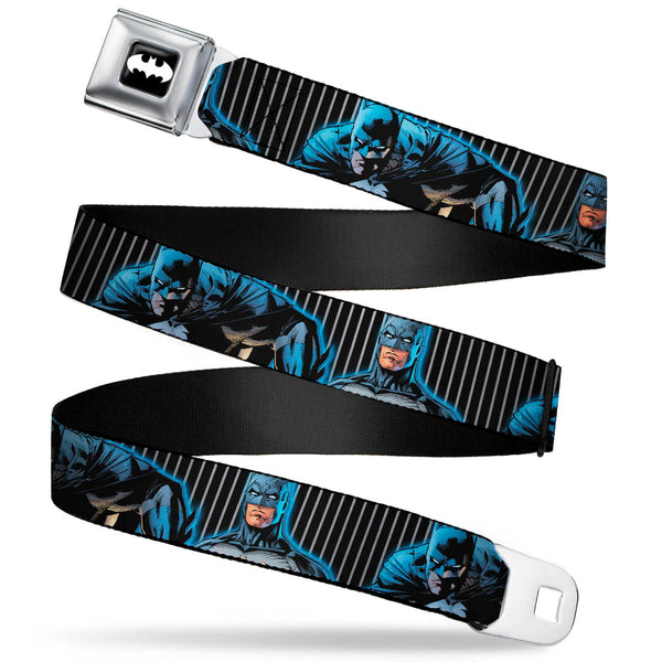 buckle down Batman Signal Full Color Black/White Seatbelt Belt - Batman Standing/Crouching Poses Stripe Black/Gray Webbing