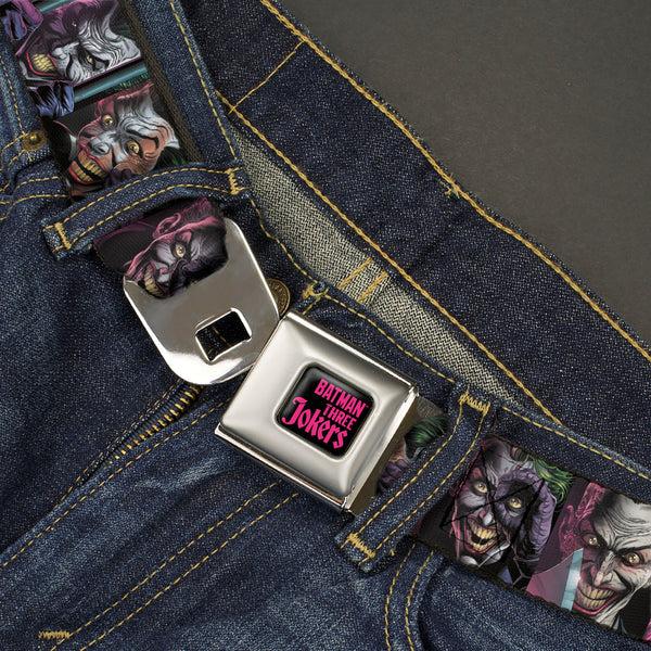 Buckle Down BATMAN THREE JOKERS Text Black/Purple Seatbelt Belt - Joker Comic Book Cover Face Blocks Webbing