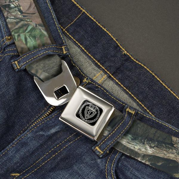 Buckle Down BD Crest Logo Brushed Seatbelt - Mossy Oak Break-Up Infinity Webbing