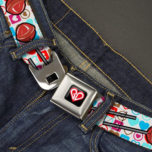 Buckle Down BD Heart Logo Full Color Black/Red/White Seatbelt Belt - Lollipop Hearts White Webbing