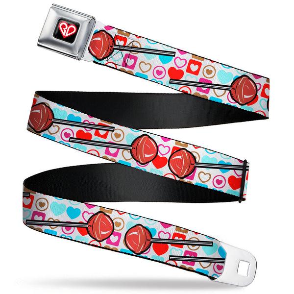 buckle down BD Heart Logo Full Color Black/Red/White Seatbelt Belt - Lollipop Hearts White Webbing