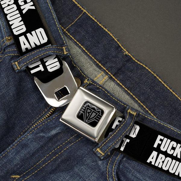 Buckle Down BD Wings Logo CLOSE-UP Black/Silver Seatbelt Belt - FAFO FUCK AROUND AND FIND OUT Bold Black/White Webbing