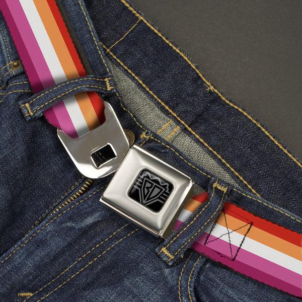 Buckle Down BD Wings Logo CLOSE-UP Black/Silver Seatbelt Belt - Flag Lesbian Five Stripe Oranges/White/Pinks Webbing