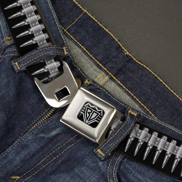 Buckle Down BD Wings Logo CLOSE-UP Black/Silver Seatbelt Belt - Printed Bullets Pattern Black/Gray Webbing