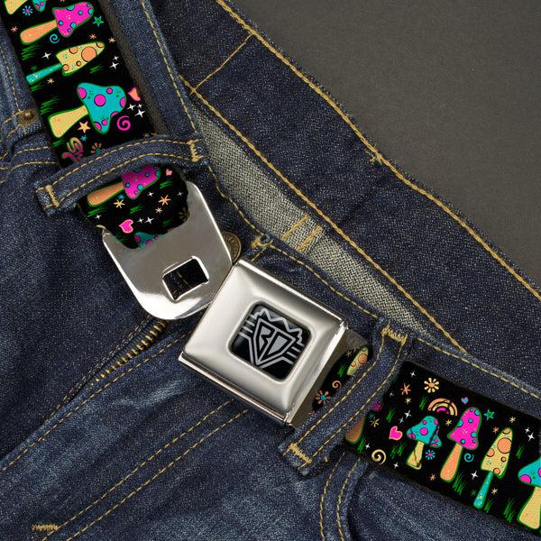 Buckle Down BD Wings Logo CLOSE-UP Black/Silver Seatbelt Belt - Mushroom SHROOMY Garden Black/Multi Color Webbing