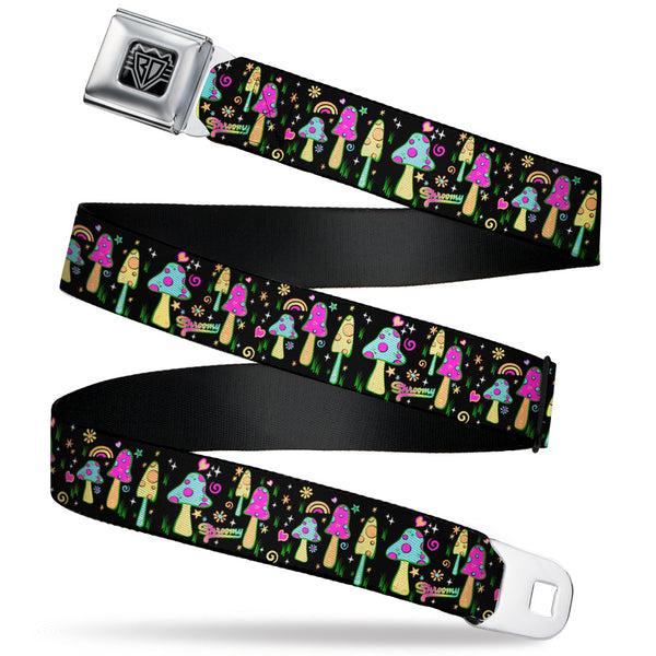 buckle down BD Wings Logo CLOSE-UP Black/Silver Seatbelt Belt - Mushroom SHROOMY Garden Black/Multi Color Webbing