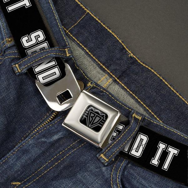 Buckle Down BD Wings Logo CLOSE-UP Black/Silver Seatbelt Belt - SEND IT Black/White Webbing