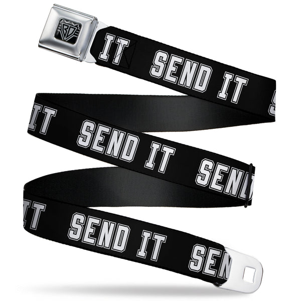 buckle down BD Wings Logo CLOSE-UP Black/Silver Seatbelt Belt - SEND IT Black/White Webbing