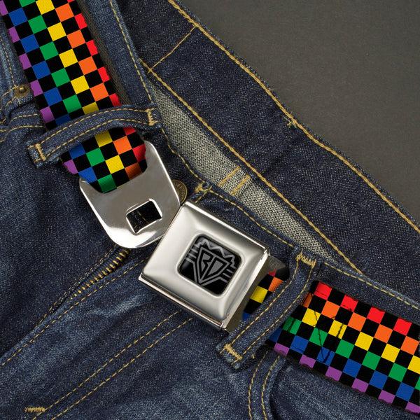 Buckle Down BD Wings Logo CLOSE-UP Black/Silver Seatbelt Belt - Checker Black/Rainbow Multi Color Webbing