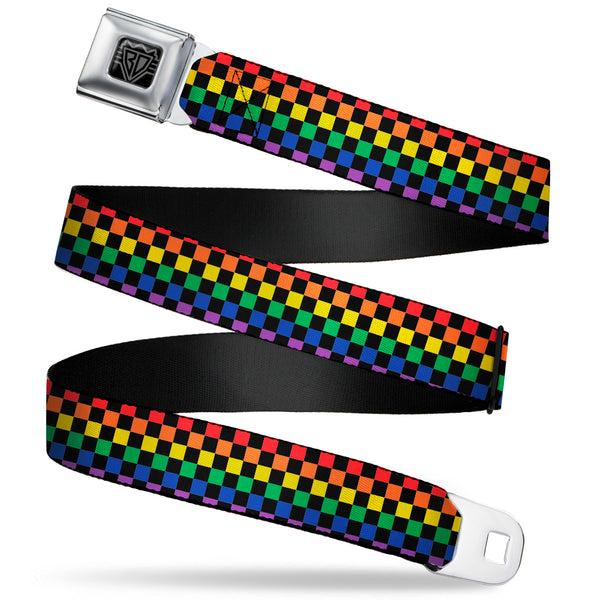 buckle down BD Wings Logo CLOSE-UP Black/Silver Seatbelt Belt - Checker Black/Rainbow Multi Color Webbing