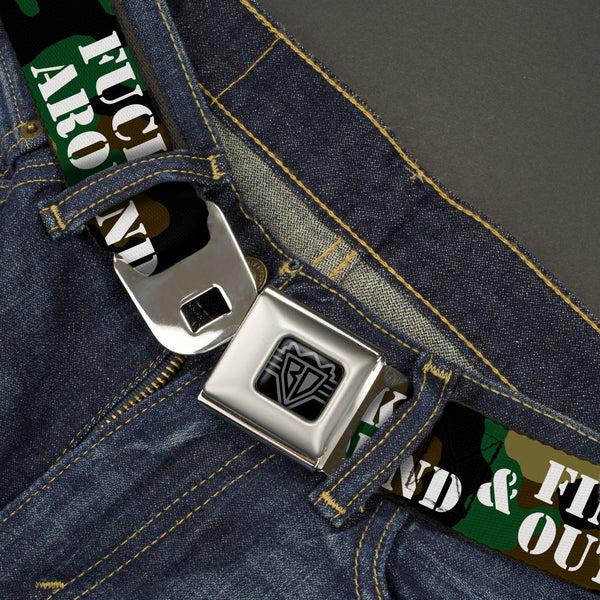 Buckle Down BD Wings Logo CLOSE-UP Black/Silver Seatbelt Belt - FAFO FUCK AROUND & FIND OUT Stencil Camo/White Webbing