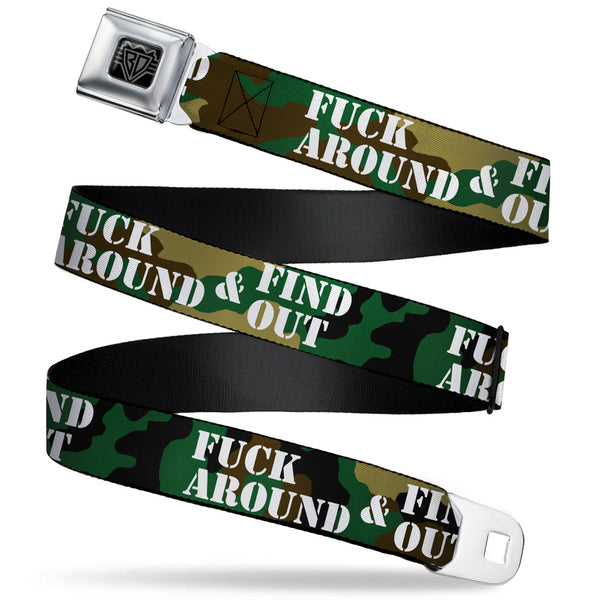 buckle down BD Wings Logo CLOSE-UP Black/Silver Seatbelt Belt - FAFO FUCK AROUND & FIND OUT Stencil Camo/White Webbing