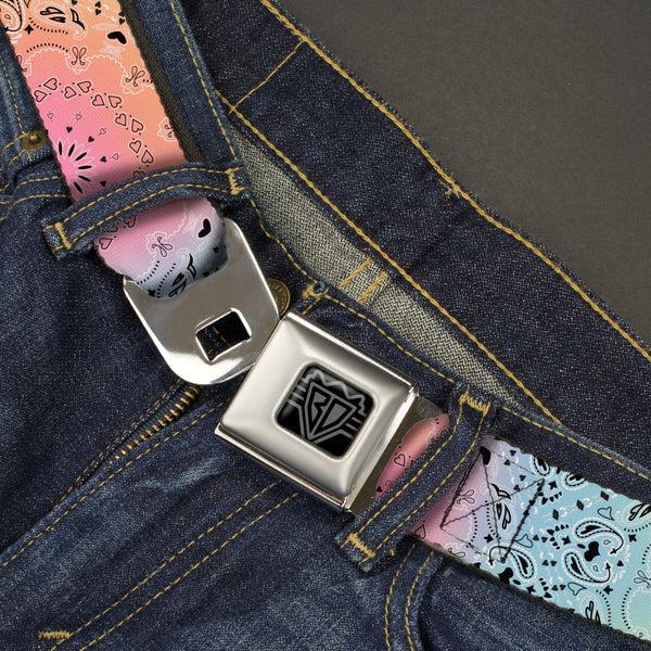 Buckle Down BD Wings Logo CLOSE-UP Black/Silver Seatbelt Belt - Bandana Paisley Ombre Pastel/Black Webbing