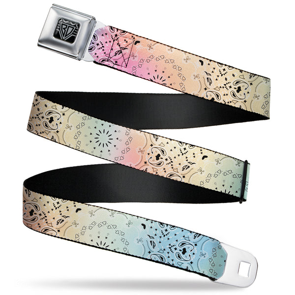 buckle down BD Wings Logo CLOSE-UP Black/Silver Seatbelt Belt - Bandana Paisley Ombre Pastel/Black Webbing