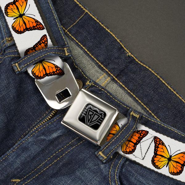 Buckle Down BD Wings Logo CLOSE-UP Black/Silver Seatbelt Belt - Monarch Butterfly Repeat White Webbing