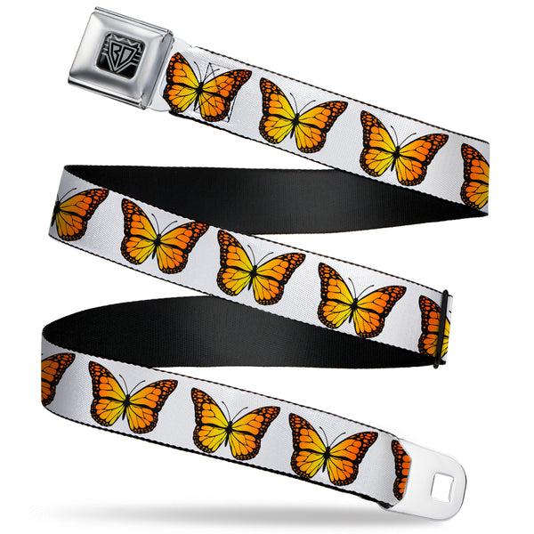 buckle down BD Wings Logo CLOSE-UP Black/Silver Seatbelt Belt - Monarch Butterfly Repeat White Webbing