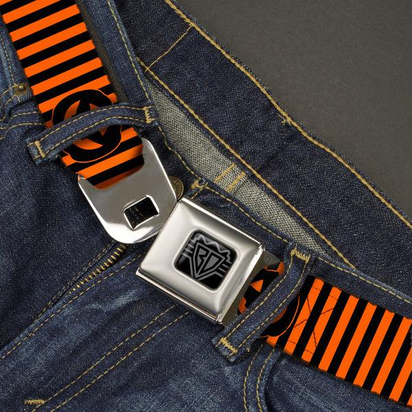 Buckle Down BD Wings Logo CLOSE-UP Black/Silver Seatbelt Belt - Jack-o'-Lantern Pumpkin Stripe Orange/Black Webbing