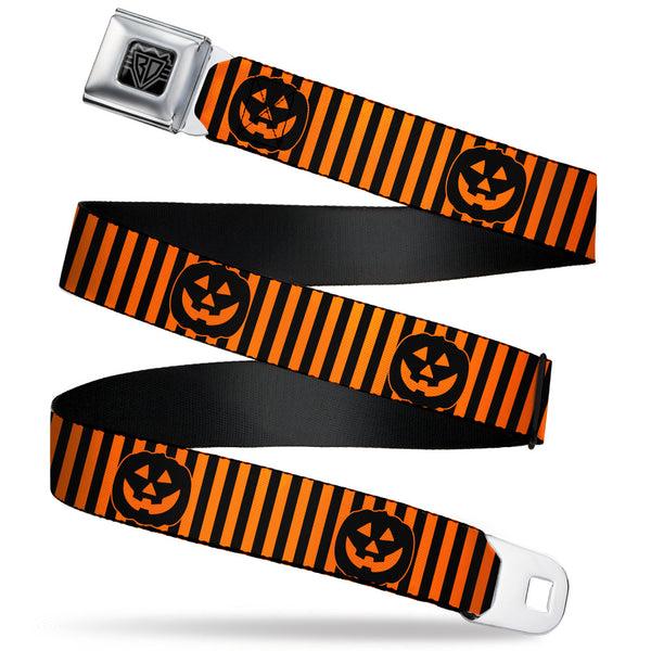 buckle down BD Wings Logo CLOSE-UP Black/Silver Seatbelt Belt - Jack-o'-Lantern Pumpkin Stripe Orange/Black Webbing