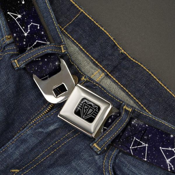 Buckle Down BD Wings Logo CLOSE-UP Black/Silver Seatbelt Belt - Constellations-14 Galaxy/White Webbing