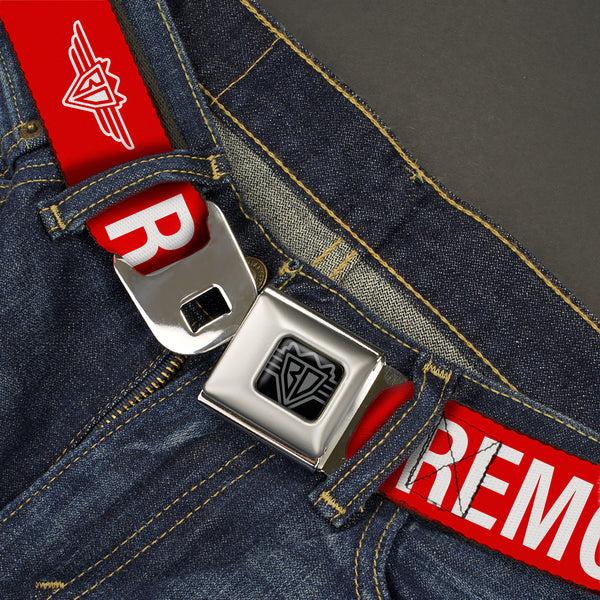 Buckle Down BD Wings Logo CLOSE-UP Black/Silver Seatbelt Belt - Buckle-Down REMOVE BEFORE FLIGHT Red/White Webbing