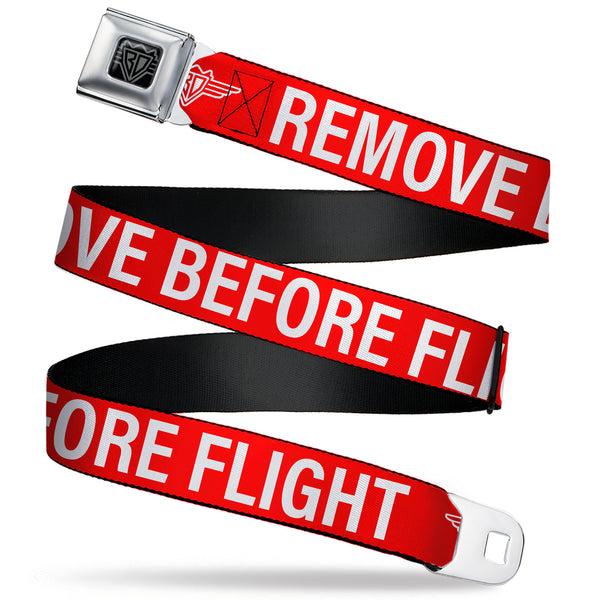 buckle down BD Wings Logo CLOSE-UP Black/Silver Seatbelt Belt - Buckle-Down REMOVE BEFORE FLIGHT Red/White Webbing