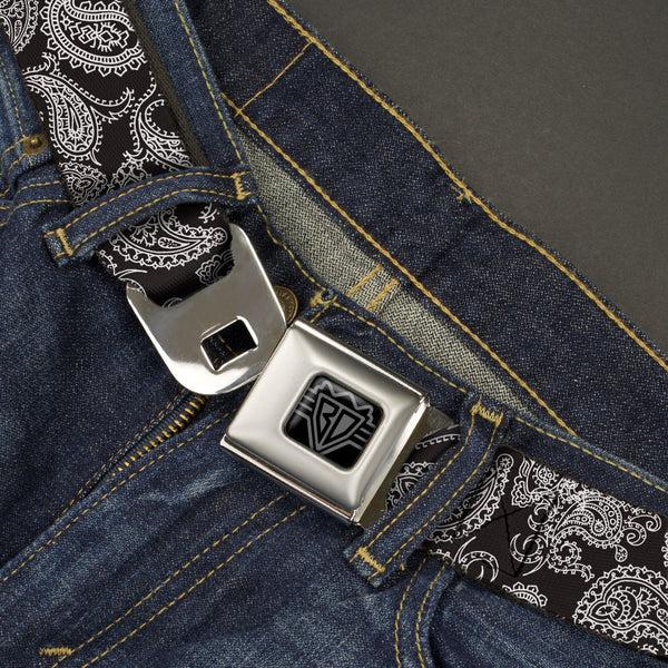 Buckle Down BD Wings Logo CLOSE-UP Black/Silver Seatbelt Belt - Paisley Black/White Webbing