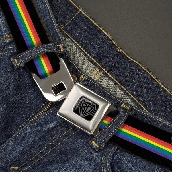 Buckle Down BD Wings Logo CLOSE-UP Black/Silver Seatbelt Belt - Stripe Black/Rainbow Webbing