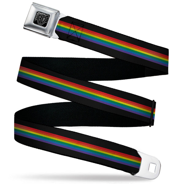 buckle down BD Wings Logo CLOSE-UP Black/Silver Seatbelt Belt - Stripe Black/Rainbow Webbing