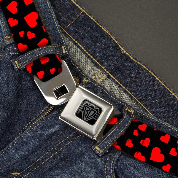 Buckle Down BD Wings Logo CLOSE-UP Black/Silver Seatbelt Belt - Hearts Scattered Black/Red Webbing
