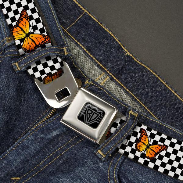 Buckle Down BD Wings Logo CLOSE-UP Black/Silver Seatbelt Belt - Monarch Butterfly Scattered Checker Black/White Webbing