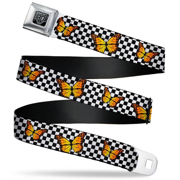 buckle down BD Wings Logo CLOSE-UP Black/Silver Seatbelt Belt - Monarch Butterfly Scattered Checker Black/White Webbing