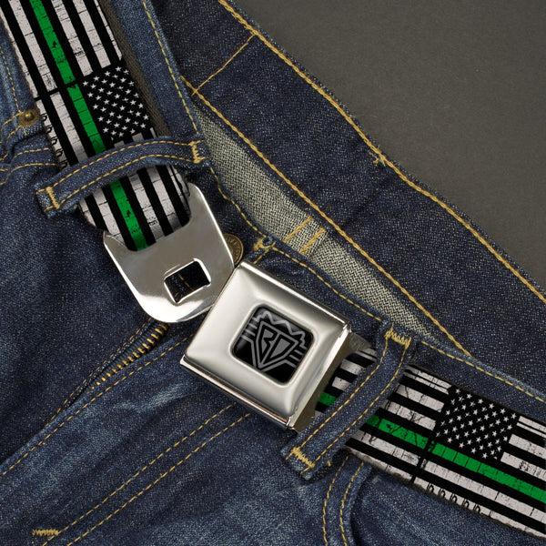 Buckle Down BD Wings Logo CLOSE-UP Black/Silver Seatbelt Belt - Thin Green Line Flag Weathered Black/Gray/Green Webbing