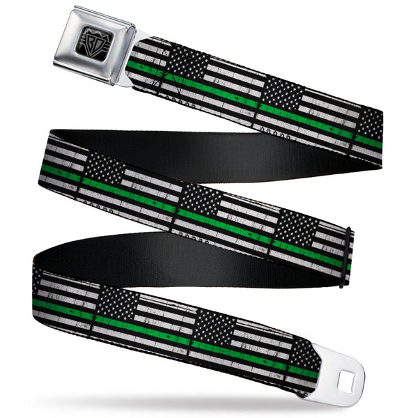 buckle down BD Wings Logo CLOSE-UP Black/Silver Seatbelt Belt - Thin Green Line Flag Weathered Black/Gray/Green Webbing